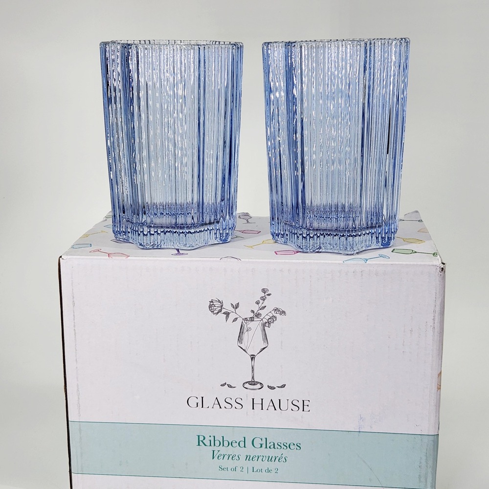 Glass‎ Hause Ribbed Glasses Set of 2 Blue Scalloped Rim Highball Tumblers New